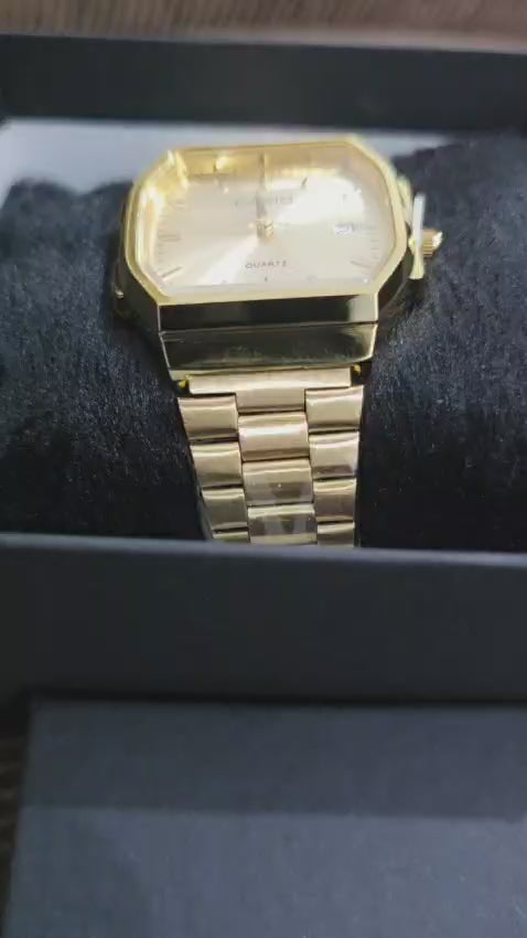 🏆 Relógio Clássico Dourado Retrô - Caixa Quadrada (Tonneau), Mostrador Champanhe e Data