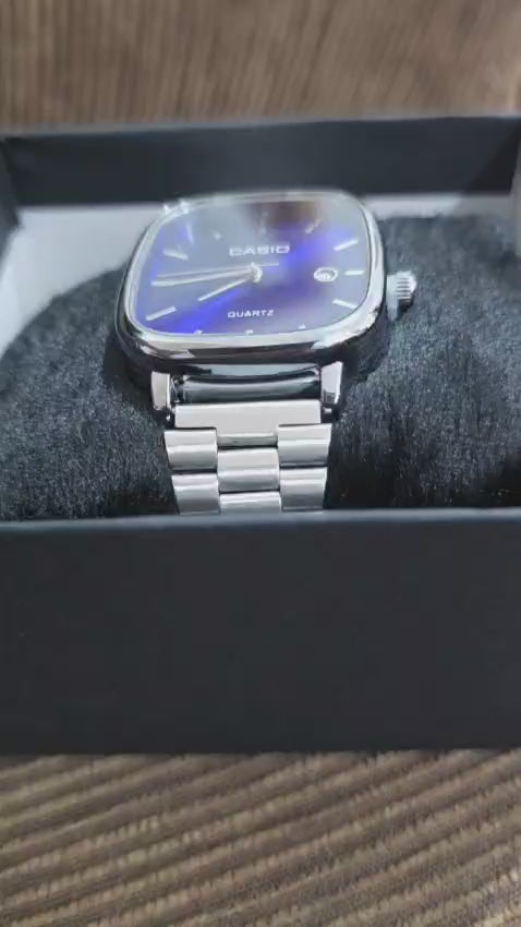 ⌚ Relógio Quadrado Vintage - Mostrador Azul e Pulseira de Aço Inoxidável