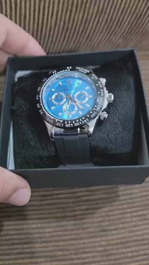 💙 Relógio Esportivo Cronógrafo de Luxo - Mostrador Azul e Pulseira em Aço e Borracha