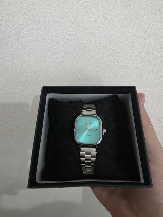 ✨ Relógio Feminino Luxo Quadrado - Mostrador Azul Turquesa e Pulseira em Aço Inoxidável