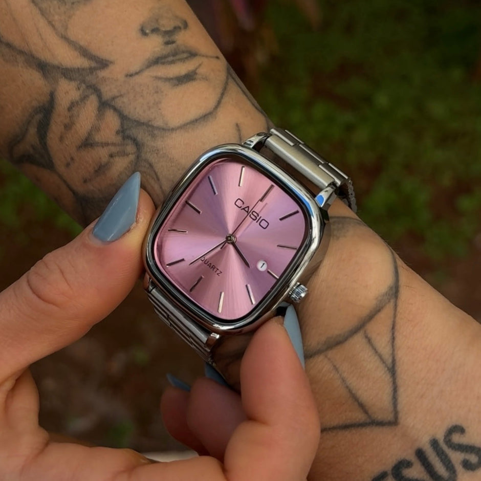 ⌚Relógio Casio Feminino Prateado Quadrado Visor Rosa 28mm