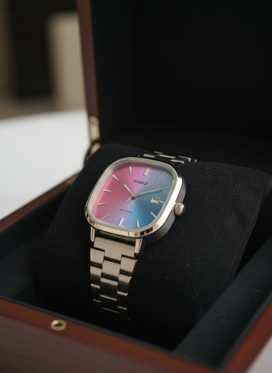 💖 Relógio Feminino Retrô Multicor (Degradê) - Caixa Rosé Gold e Pulseira de Metal