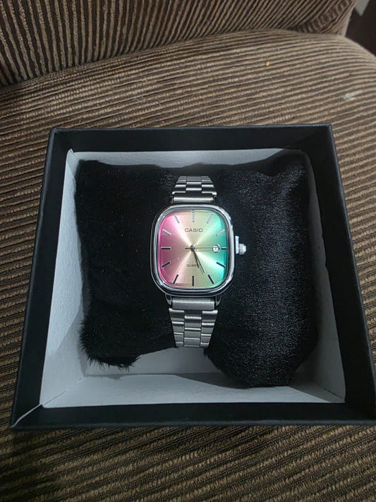 🌈Relógio Feminino Retrô Multicor (Rainbow/Degradê) - Pulseira Aço Inox