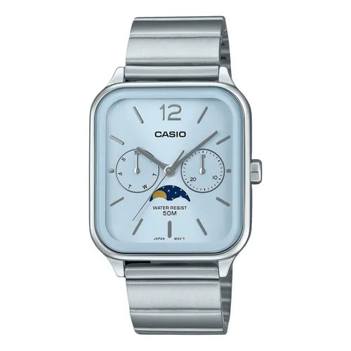Relógio Casio Masculino Classic Moon Phase MTP-M305D-2AV - Prateado com Mostrador Azul Claro